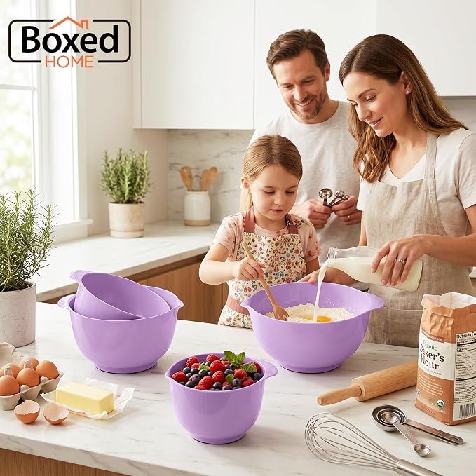 BoxedHome Nesting Plastic Mixing Bowl Set, 4 Piece Mixing Bowl Set with Pour Spouts, Size 1.7, 2.5, 3.5 and 4.5qt, for Prepping, Mixing, Baking, Cooking(2023 New Version, Purple) | 4.5/3.5/2.5/1.7 quarts,Non-slip Base Large Nesting Bowl with Pour Spout...