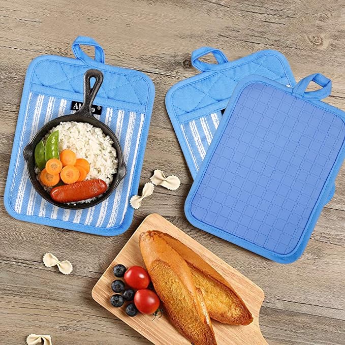 Alselo Silicone Pot Holders Set of 3 Heat Resistant & Non Slip Potholders | Professional Oven Hot Pads with Pockets Mitts for Kitchen Cooking Baking Barbecue (Blue, 3)