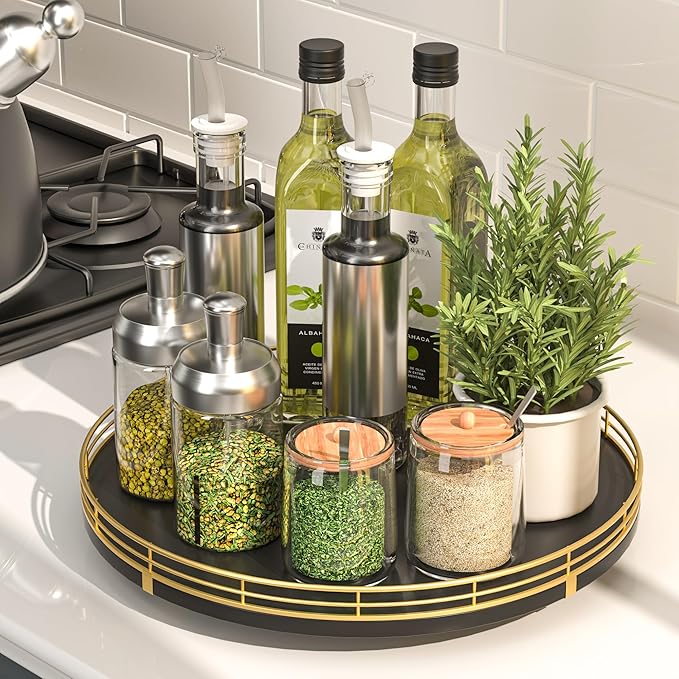 Oroyutor 12-Inch Oak Lazy Susan Spice Organizer with Gold Metal Rail | Rotating oak tray organizes spices, toiletries and decor on kitchen counters, bathroom vanities, dining and coffee tables.