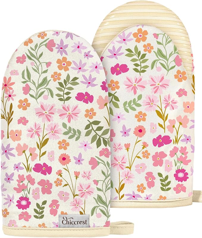 100% Thick Cotton Mini Oven Mitts Silicone Grip Spring Floral | Girly Cute Oven Mitts for Women, Machine Washable, Non-Slip, Reversible Design Fits Both Hands, Stylish Kitchen Decor