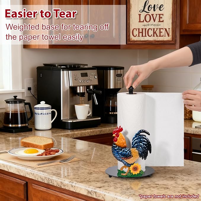 Rooster Paper Towel Holder Countertop for Kitchen, Farmhouse Chicken Decor | Sunflower & Chicken Farmhouse Kitchen Decor and Accessories, Rustic Housewarming Gifts, Roll Dispenser with Weighted Base