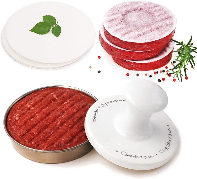 Meykers 5” Hamburger Press Patty Maker, 100 Paper, Burger Mold 4-10 oz Meat | Porcelain & 304 Stainless Steel, Dishwasher Safe, Large Burger Shaper, Puff-Up Prevention Design, for Kitchen Grill Griddle