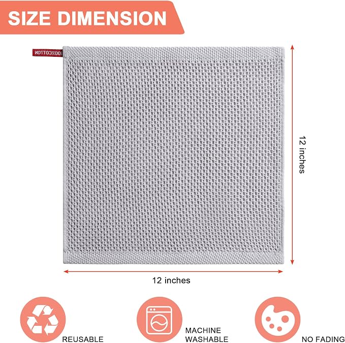 Kitchen Towels 6-Pack Kitchen Dish Cloths,100% Cotton,12x12 In,Light Grey | Towels Waffle Weave,Ultra Soft Absorbent, Quick Drying