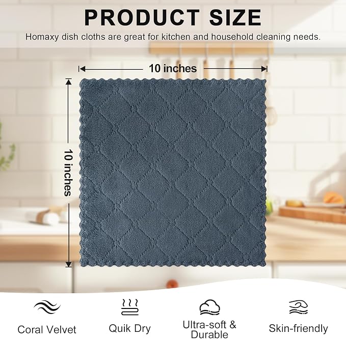 Homaxy 12 Pack Super Soft & Absorbent Dish Cloths, 10" x 10", Dark Grey | Coral Velvet, Nonstick Oil Fast Drying Microfiber Cleaning Cloth, No Lint Household Dishcloths
