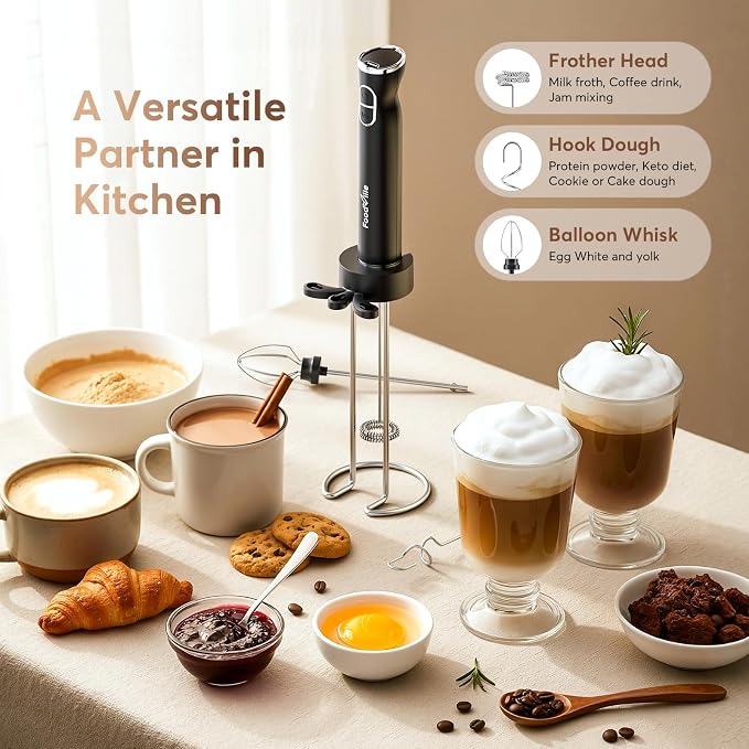 MF06 Rechargeable Milk Frother 1800 Mah with 9 Speed and 3 Frother, LED Display Screen, Storage Stand, for Coffee Milk Foam, Cappuccino, Latte, Keto Diet, Protein Powder, Matcha, Bulletproof