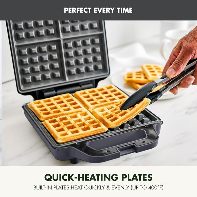 GreenPan Advanced Waffle Maker, 4-Square Belgian & Classic Waffle Maker, PFAS-Free Ceramic Nonstick, Dishwasher Safe Plate, Cool-Touch Handle, Overheat Protection, Easy Clean, Graphite