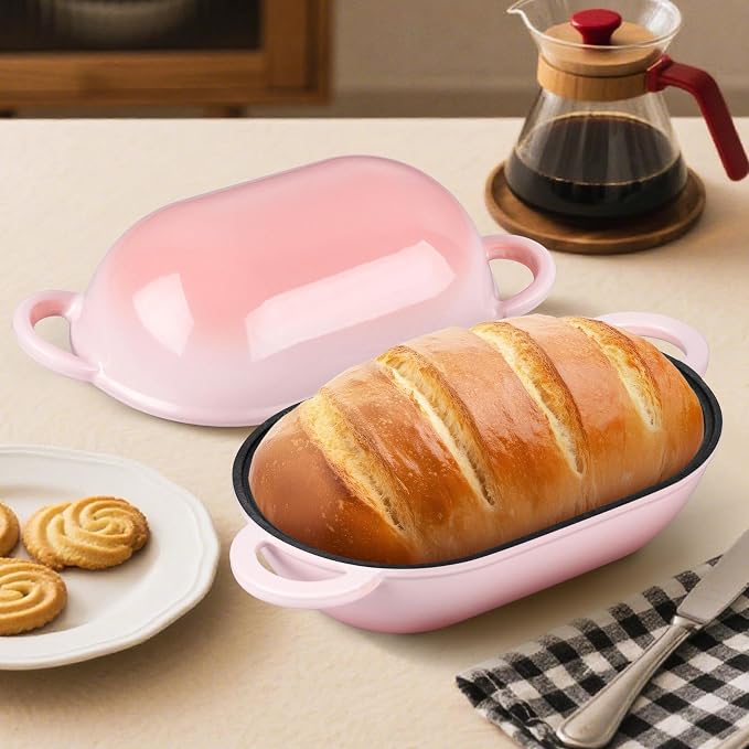 Homikit Enameled Cast Iron Dutch Oven for Bread Baking, 2.8 QT Oval Bread Oven Pot with Lid, 9.5 x 5.7 Inch Sourdough Loaf Baking Pan for Homemade Bread, Heavy Duty & Oven Safe, Pink