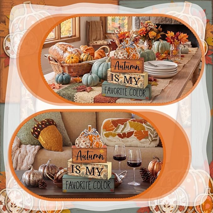 Lineshading 4 Pcs Fall Block Signs with Pumpkin Autumn Farmhouse Decor | Stackable Wooden Signs for Tiered Tray, Rustic Pumpkin Centerpiece, Thanksgiving Harvest Decorations, Autumn Gift Set
