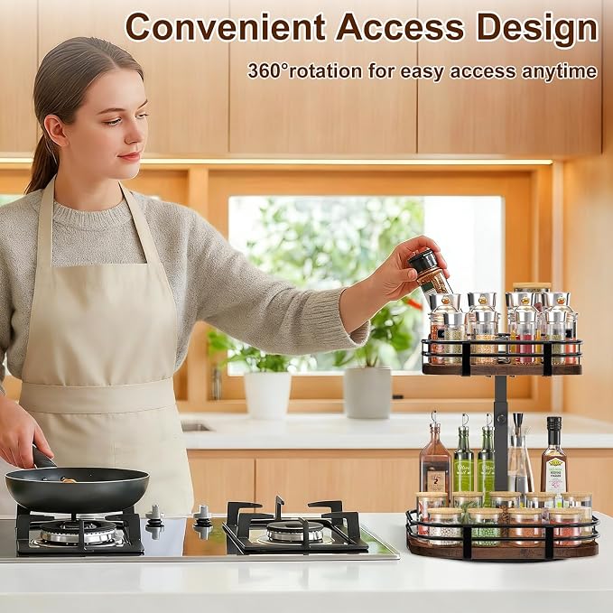 12" Large Lazy Susan Turntable Organizer - 2 Tier Spice Rack for Table Top | Rotating Wood Spice Cabinet Organizer for Pantry Kitchen Countertop Coffee Bar Cupboard Bathroom Vanity Storage