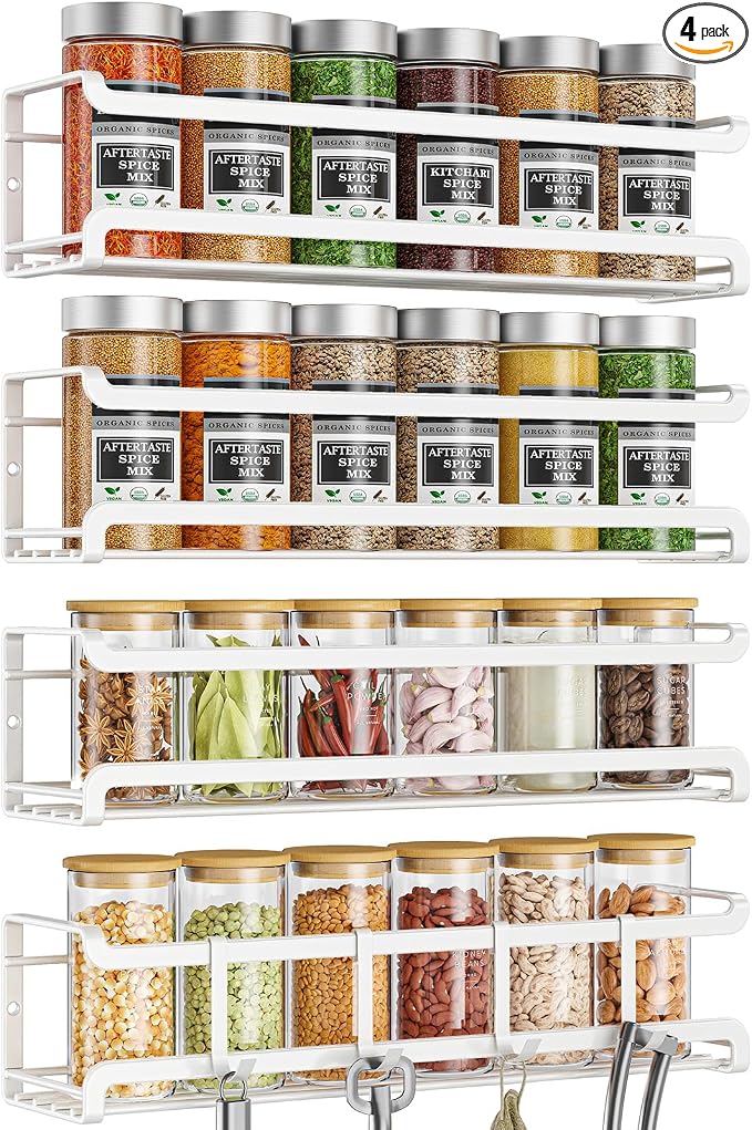 Bunoxea Spice Rack Wall Mounted 4 Pack, White,11.41x2.75x2.75in | 4 Removalble Hooks,Screw or Adhesive Hanging,Space-Saving,For Kitchen Cabinet, Pantry Door,Stove,RV