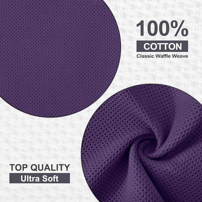Kitinjoy 100% Cotton Waffle 6-Pack Kitchen Towels, 12" x 12", Eggplant | Ultra Absorbent, Super Soft, lightweight, Quick Drying Dish Rags for Washing Dishes
