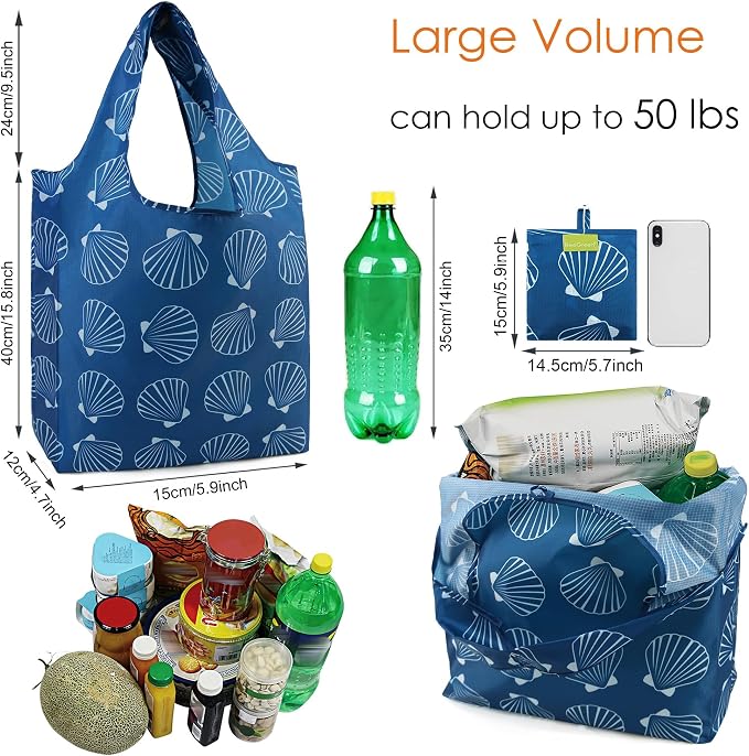 BeeGreen Geometry Reusable Shopping Bags Cute Grocery Bag 6 Pack, Christmas Gift Bags Heavy-Duty Foldable Shopping Totes for Supermarket, Work & Travel, Large Washable Polyester Tote Bag with Handles