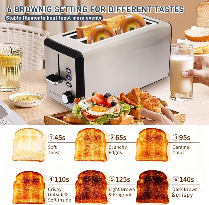 4 Slice Long Slot Stainless Steel Toaster with Extra Wide 1.5” Slots | 6 Shade Browning Settings, Defrost Reheat Cancel Functions, Even Toasting for Artisan & Sourdough Bread, Removable Crumb Tray