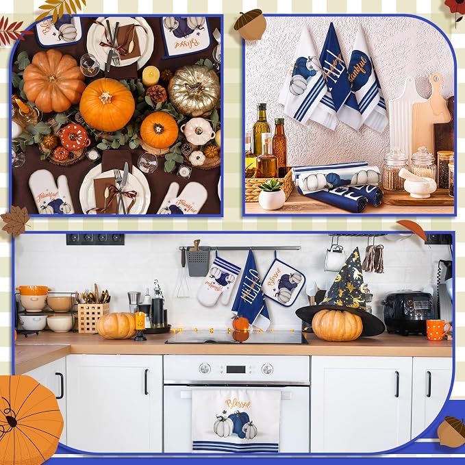 Fanfanwin 10 Pcs Fall Pumpkin Kitchen Decor Set Blue White Pumpkin Kitchen Rugs Towels Pot Holders Oven Mitts for Thanksgiving Autumn Baking Cooking Home Gift