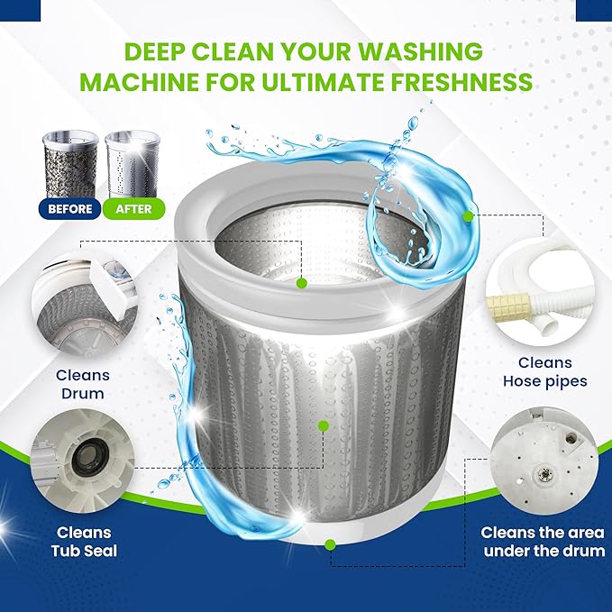 True Fresh Washing Machine Cleaner Descaler 15 Pack Tablets, Deep Cleaning Deodorizer for HE Front & Top Load Washers, Eliminates Odor Buildup Residue Grime, Cleans Drum Pump Valve Hoses Septic Safe,