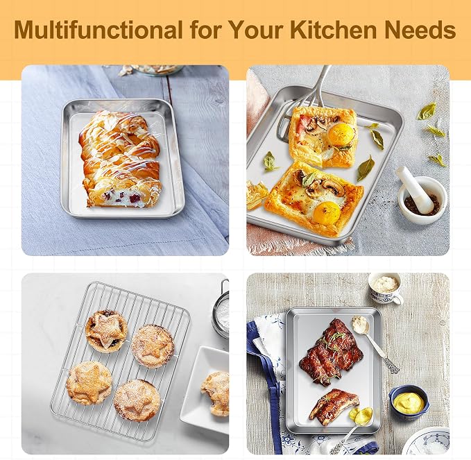 TeamFar Toaster Oven Tray and Rack Set, 9.3" x 7" x 1" Toaster Oven Pan | Stainless Steel Toaster Oven Pan Broiler Pan with Wire Rack for Cooking, Non Toxic & Healthy, Easy Clean & Dishwasher Safe