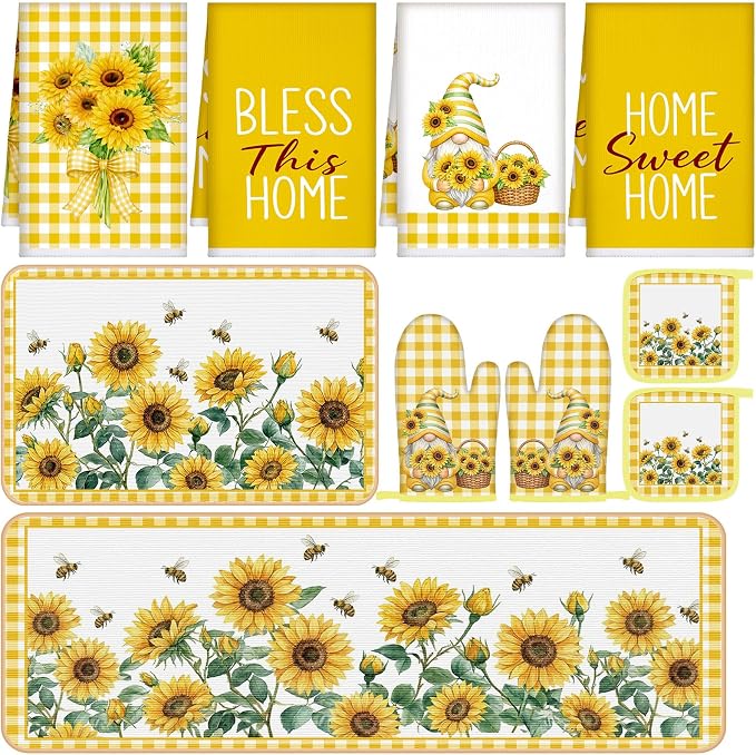 Fourluoo 10 Pcs Sunflower Kitchen Decor Set Sunflower Dish Towels Rugs Oven Mitts and Pot Holders Farmhouse Kitchen Decor Set for Women Mom Gift Cooking Baking Grilling
