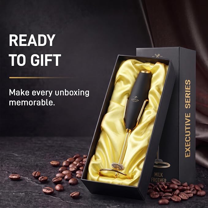 Zulay Kitchen Powerful Milk Frother Wand With Duracell Batteries - Ultra Fast Handheld Drink Mixer - Electric Whisk Foam Maker for Coffee, Lattes, Cappuccino & Matcha - Z1 Motor - Exec Black Gold