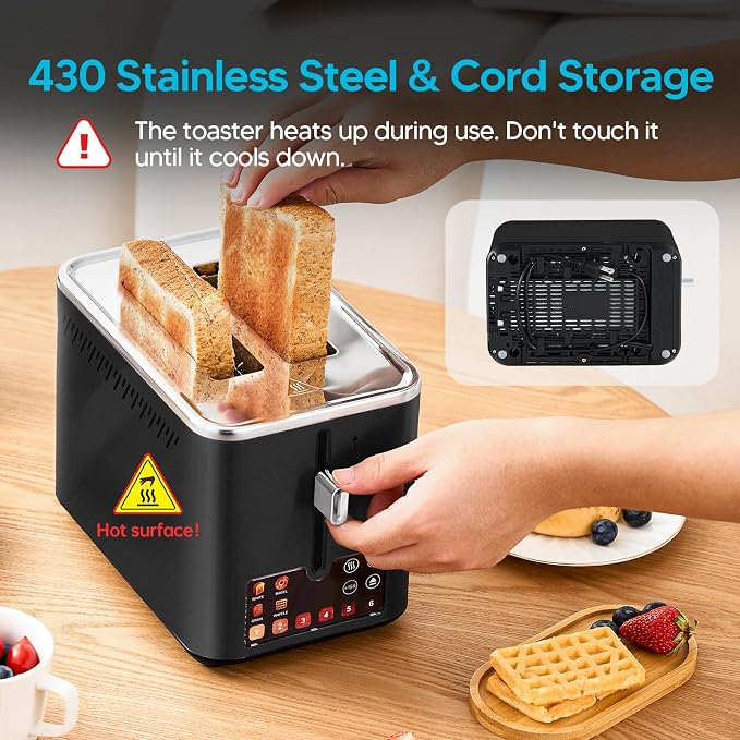 Trisiko® Touch Screen Toaster 2 Slice, 900W Digital Toaster with Countdown Timer, 1.38 in Wide Slots, 6 Browning Levels, Bagel, Defrost, Reheat, Cancel, Crumb Tray, Cord Wrap-Black