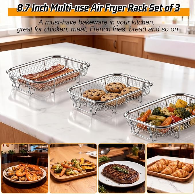 P&P CHEF 8.7 Inch Air Fryer Basket for Oven, Air Fryer Rack, 3 Pieces | Food-grade Stainless Steel Air Fryer Accessories for Frying Cooking Baking Roasting, Ideal for Fried Food, Dishwasher Safe