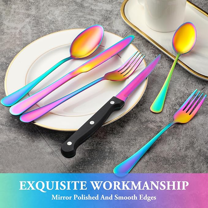 72 Pcs Rainbow Silverware Set with Steak Knives, Stainless Steel Flatware Cutlery Set for 12, Kitchen Tableware Sets, Utensil Sets for Home and Restaurant, Dishwasher Safe