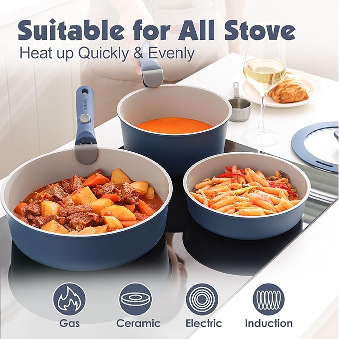 SENSARTE 17 Piece Ceramic Detachable Handle Pots and Pans Set Navy | Ceramic Cookware Set, Induction Cookware Set with Removable Handle, Healthy Non Stick for RV, Dishwasher ＆ Oven Safe