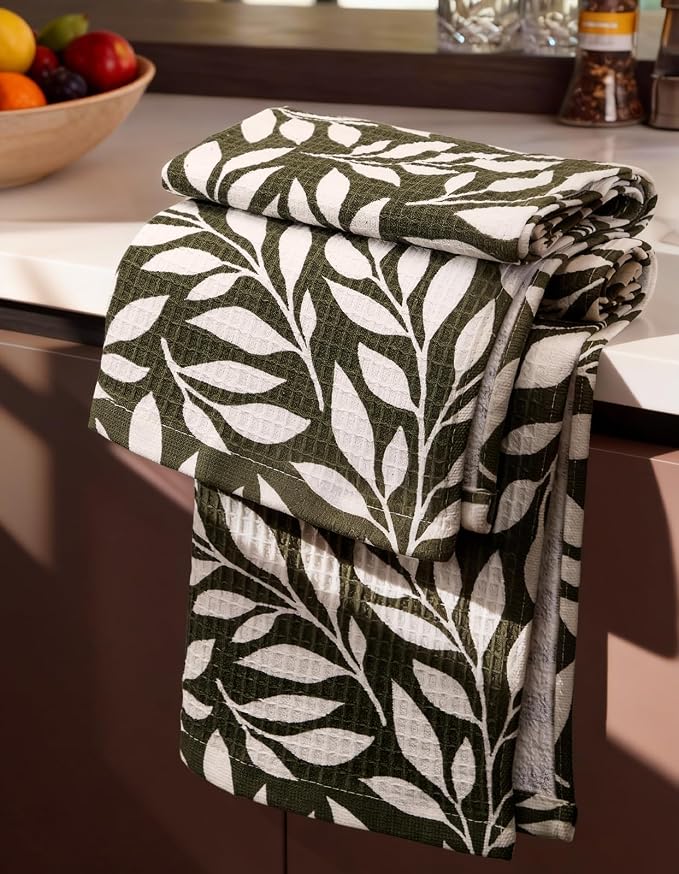 370GSM Cotton Waffle Kitchen Towels, Leaf | Pure Cotton, Sustainable, Waffle Weave, Terry Cloth, Highly Absorbent, Decorative, 16"x25", with Hanging Loop