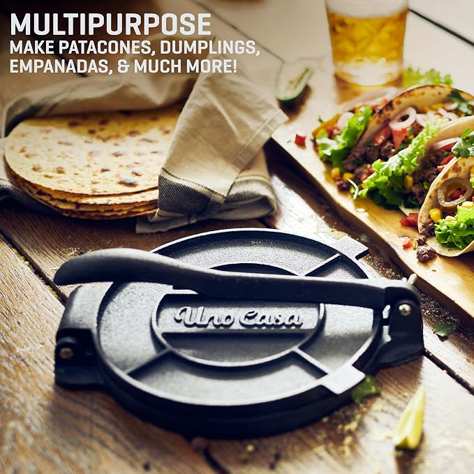 Uno Casa 10 Inch Cast Iron Tortilla Press & Comal Pan Bundle - Non-Stick, Heat-Resistant, Family Size, Gas Stovetop Compatible