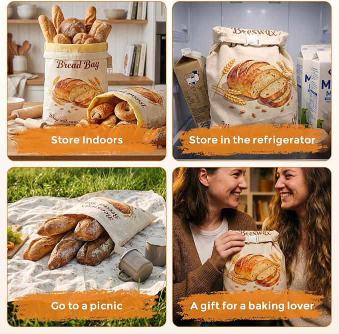 Beeswax Bread Bags for Sourdough, 2 Pack Reusable Bread Bag for Storage XL 17x13 Inch, Large Linen Bags for Homemade Sourdough - Keep Fresh, Freezer Safe