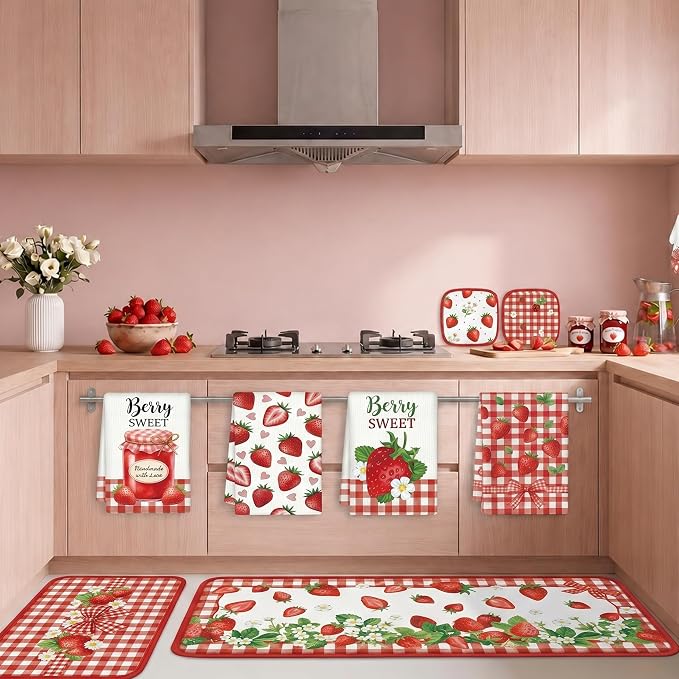 Tieshankao 10Pcs Strawberry Kitchen Decor Accessories Set | Kitchen Towels, Oven Mitts, Pot Holders, Rugs and Mats, Strawberry Fruit Theme, Baking Supplies, Housewarming Gifts