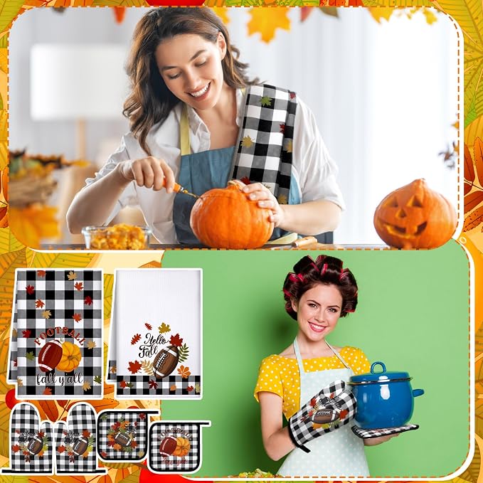 Leinuosen 6 Pack Fall Thanksgiving Kitchen Set with 2 Football Dish Towels, 2 Buffalo Buffalo Plaid Pot Holders and 2 Marple Leaves Oven Mitts for Gifting, Baking, and Cooking Accessories