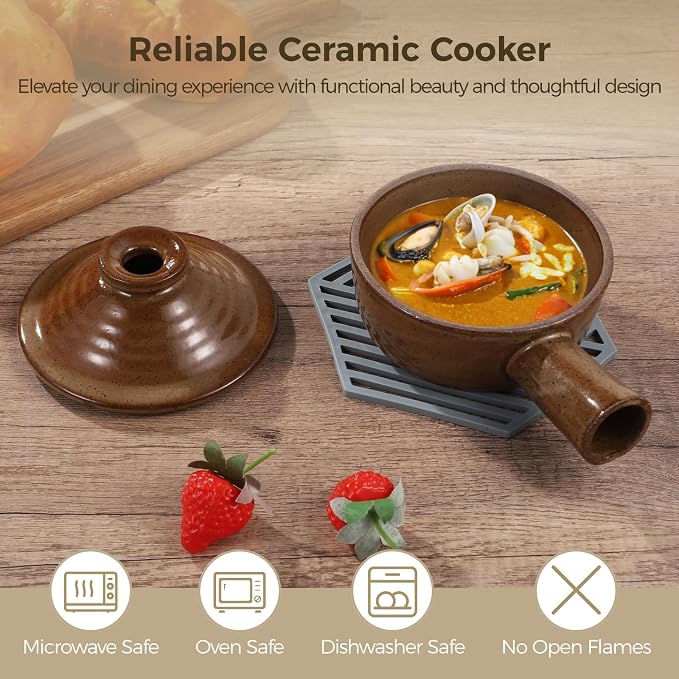 4 Sets Egg Cookers, Ceramic Microwave Cookers with Heat-resistant Silicone Pads, Egg Poachers with Dome Lids & Hollow Handles, 12 oz Clay Bowls for Eggs, Soup, Oven & Dishwasher Safe