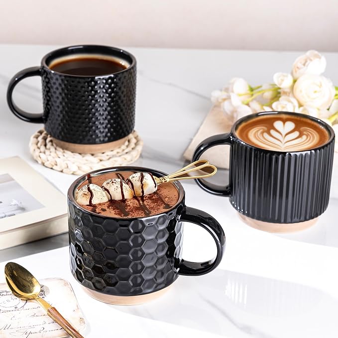 GBhome 12 OZ Stackable Coffee Mugs Set of 6, Ceramic Black Coffee Cups Set | 3 Assorted Designs, Embossed Mugs with Texture Patterns for Tea/Latte/Cappuccino, Dishwasher&Microwave Safe