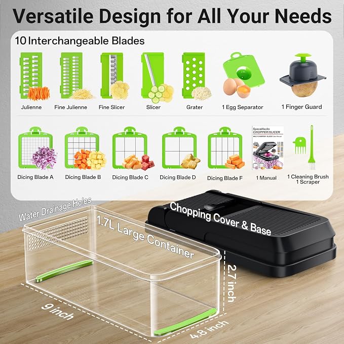 15-in-1 Vegetable Chopper with 10 Blades, Food Veggie Cutter, Green | Includes Egg Separator, Food Container and Finger Guard, Non-slip Base, for Chopping, Slicing, Shredding, and Mincing