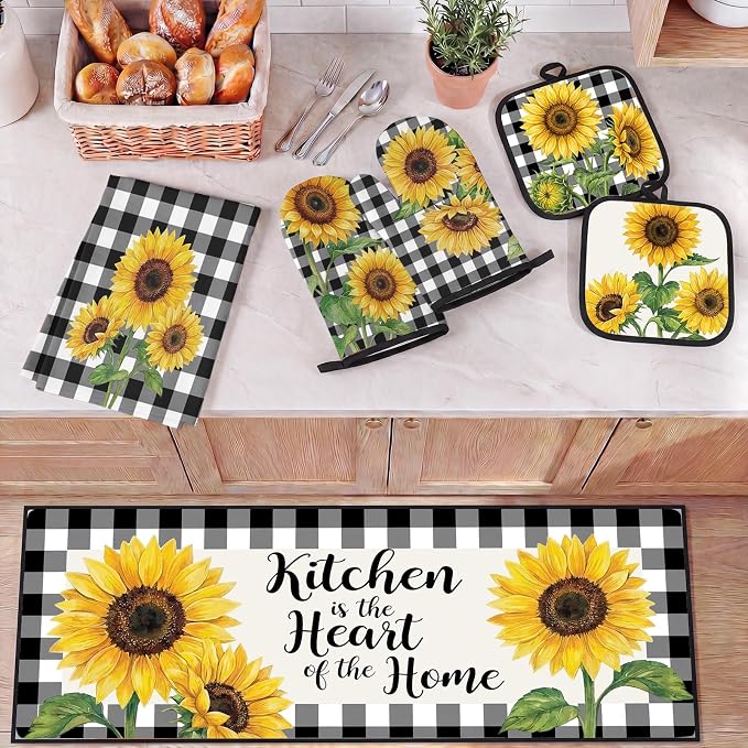 10 Pcs Kitchen Decor and Accessories Set, SunflowerRustic Botanical | Floral 4 Dish Towels Kitchen Rugs 2 Oven Mitts 2 Pot Holders, Home Decor for Cooking Baking BBQ Gifts Women Mom Housewarming