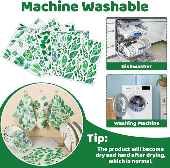 Needbrock 6 Pack Swedish Dishcloths for Kitchen, Swedish Rags | Absorbent Green Leaf Dish Cloths with Adhesive Clips, Reusable Paper Towels No Odor for Countertop Dishes Cleaning
