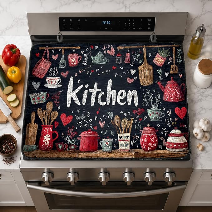 Electric Stove Top Cover for Glass Top, Chalkboard Kitchen Decor – Heat Resistant Flat Stove Top Covers, Decorative Scratch Protector Mat for Glass Ceramic Cooktop, Non-Slip, 28"x20"
