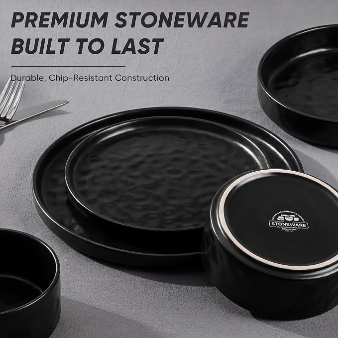 E-far Black Plates and Bowls Sets, 12-Piece Stoneware Dinnerware Set for 4 | Modern Ripple Design Dishes Set for Kitchen Dining, Chip & Scratch Resistant, Microwave & Dishwasher Safe, Matte Black