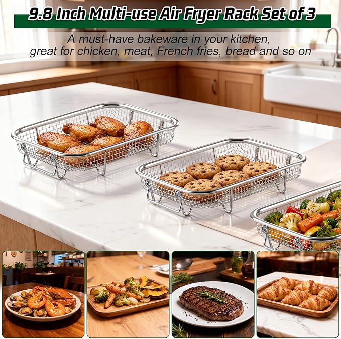 P&P CHEF 9.8 Inch Air Fryer Basket for Oven, Air Fryer Rack, 3 Pieces | Food-grade Stainless Steel Air Fryer Accessories for Frying Cooking Baking Roasting, Ideal for Fried Food, Dishwasher Safe