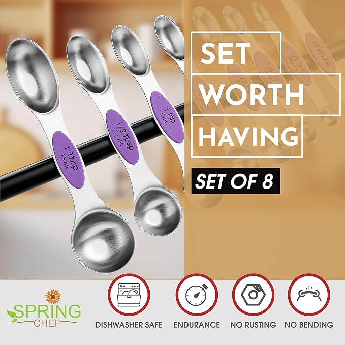 Spring Chef Stainless Steel Magnetic Measuring Spoons Set of 8, Orchid | Nesting Teaspoon & Tablespoon Measuring Spoons w/ Leveler for Dry & Liquid Ingredients, Measure Spoons For Baking & Cooking