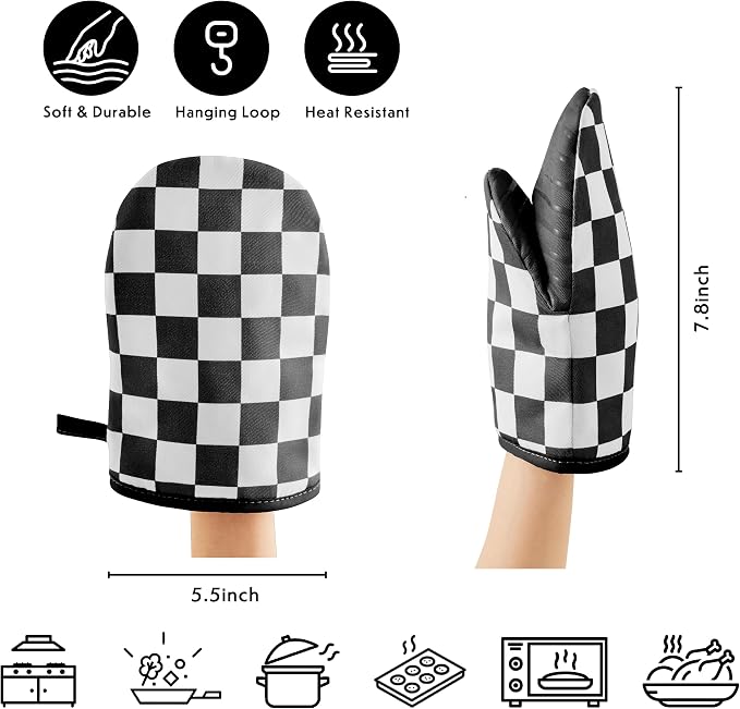 Ohocut Checkered Mini Oven Mitts Heat Resistant, Vintage Retro Black and White Checkerboard Mini Silicone Oven Mitts Cute, Non-Slip Small Short Kitchen Oven Gloves Set of 2