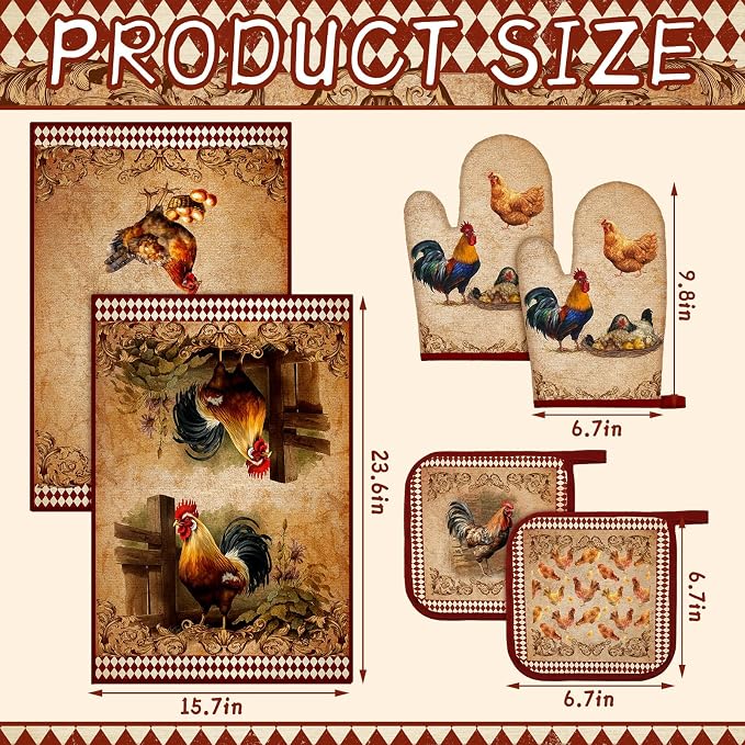 Leinuosen 6 Farm Rooster Farmhouse Kitchen Decor Dish Towels Oven Mitts and Pot Holders Sets Chicken Kitchen Towels Absorbent Decorative Accessories for Cooking Baking Grilling