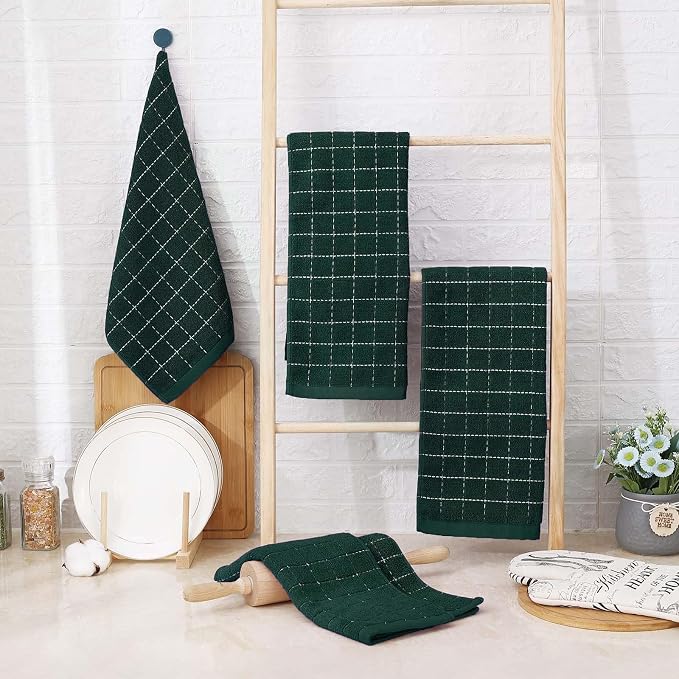 Homaxy Kitchen Towels and Dishcloths Set, Set of 16, Blackish Green | Bulk Cotton Terry Kitchen Towels, Checkered Designed, Soft and Super Absorbent Dish Towels, 12 x 12 and 13 x 28 Inches