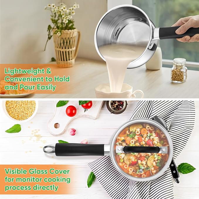 P&P CHEF 1 Quart Stainless Steel Sauce Pan Pot with Lid, Small Saucepan | For Induction Cooking & Multi Stoves, Multipurpose Pot with Visible Glass Lid & Silicone Handle, Rust Free & Dishwasher Use