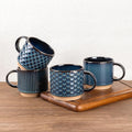 GBhome 12 OZ Stackable Coffee Mugs Set of 4, Ceramic Coffee Cups Set | 4 Assorted Designs, Embossed Mugs with Texture Patterns for Tea/Coffee, Dishwasher&Microwave Safe, Deep Blue