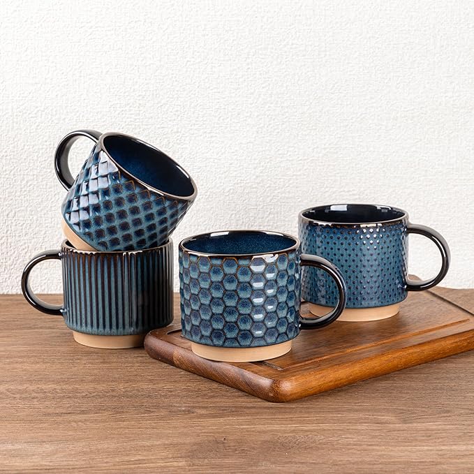 GBhome 12 OZ Stackable Coffee Mugs Set of 4, Ceramic Coffee Cups Set | 4 Assorted Designs, Embossed Mugs with Texture Patterns for Tea/Coffee, Dishwasher&Microwave Safe, Deep Blue