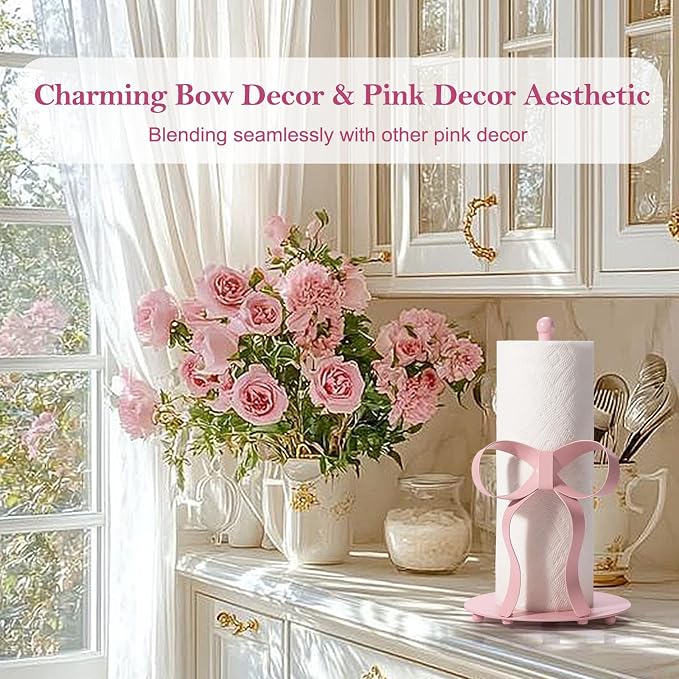 Pink Bow Paper Towel Holder Coutertop - Bow Accent Paper Towel Holder, Pink Kitchen Decor and Accessories, Coquette Room Decor Girly Gifts for Women, 3D Handmade Pattern, Weighted Base
