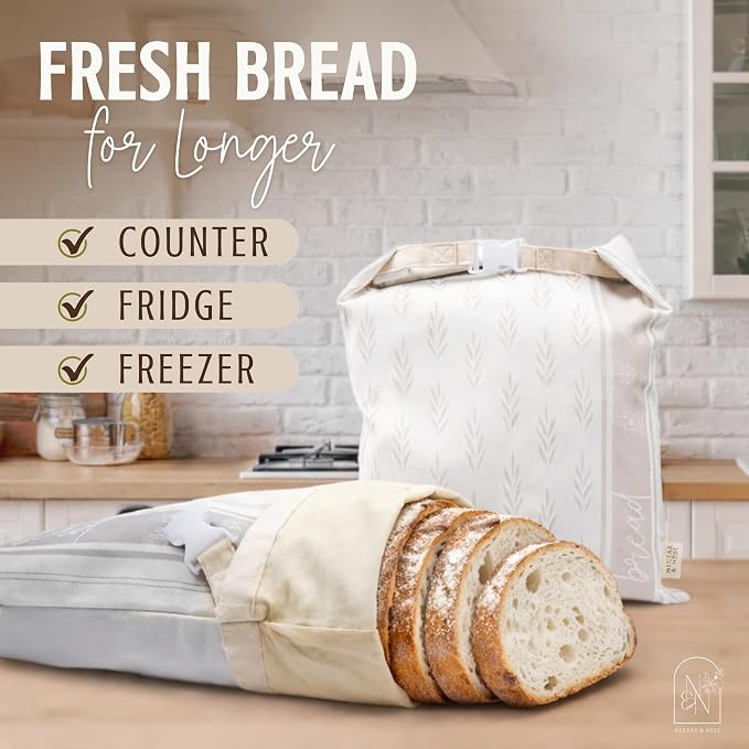 Nectar & Nest Reusable Beeswax Bread Bags for Homemade Bread & Sourdough | Organic Cotton, Beeswax-Lined XL 13x17 Waxed Bags Keep Sourdough Loaves Fresh Longer; Reusable, Zero Waste, Compostable