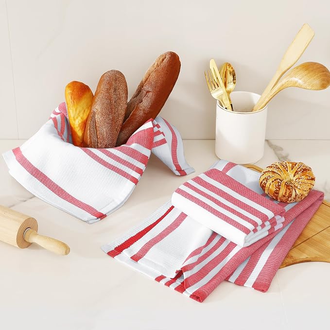 Homaxy Premium Cotton Stripe Kitchen Towels 3 Pack, 18"x 28", Red | Large 380 GSM Kitchen Hand Towels, Soft Terry Dish Towels, Highly Absorbent Tea Towel Set with Hanging Loop