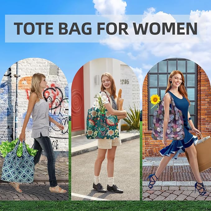 Foldable Reusable Shopping Bags,6 Pack Heavy Duty Tote for Grocery | Lightweight Polyester, machine washable. Compact fold fits in purse. Sturdy 50lb capacity. Great for groceries&travel,Beach